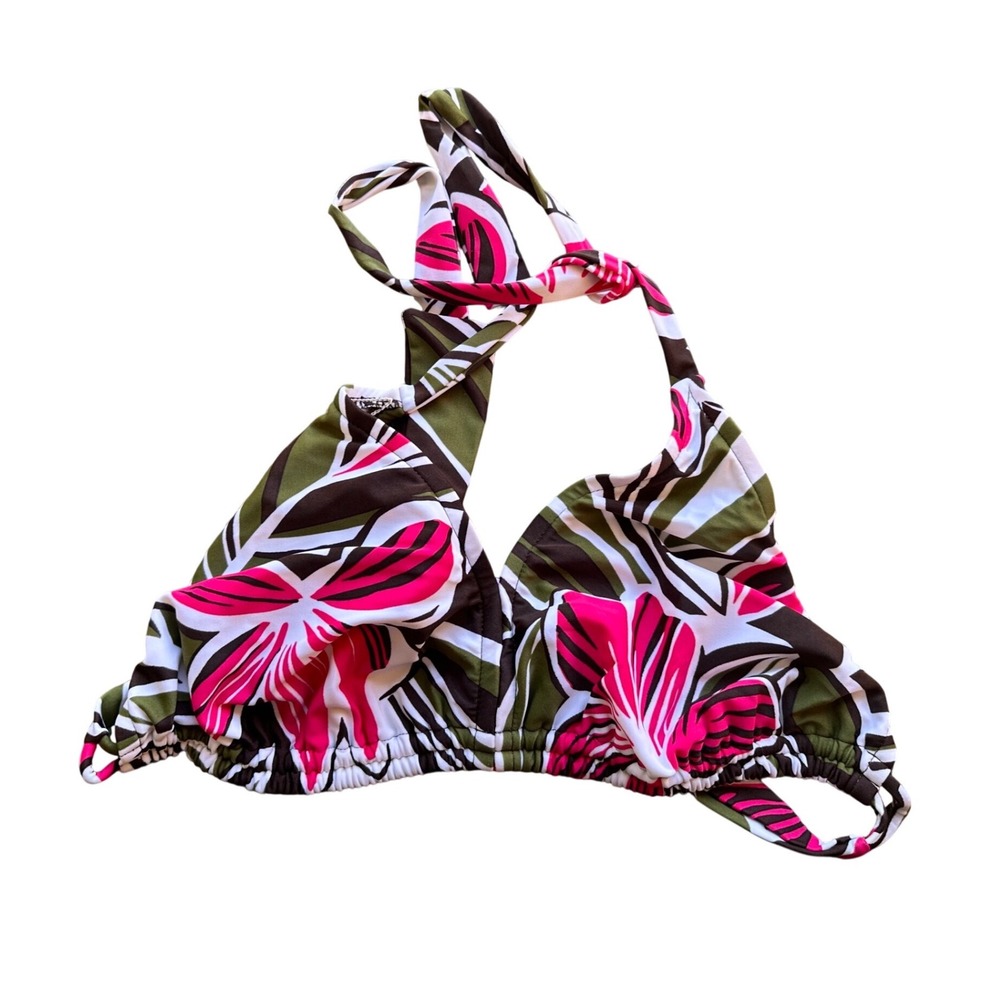 Sunsets Tropical Floral Halter Bikini Top Pink Olive Brown Style 41T Size DD